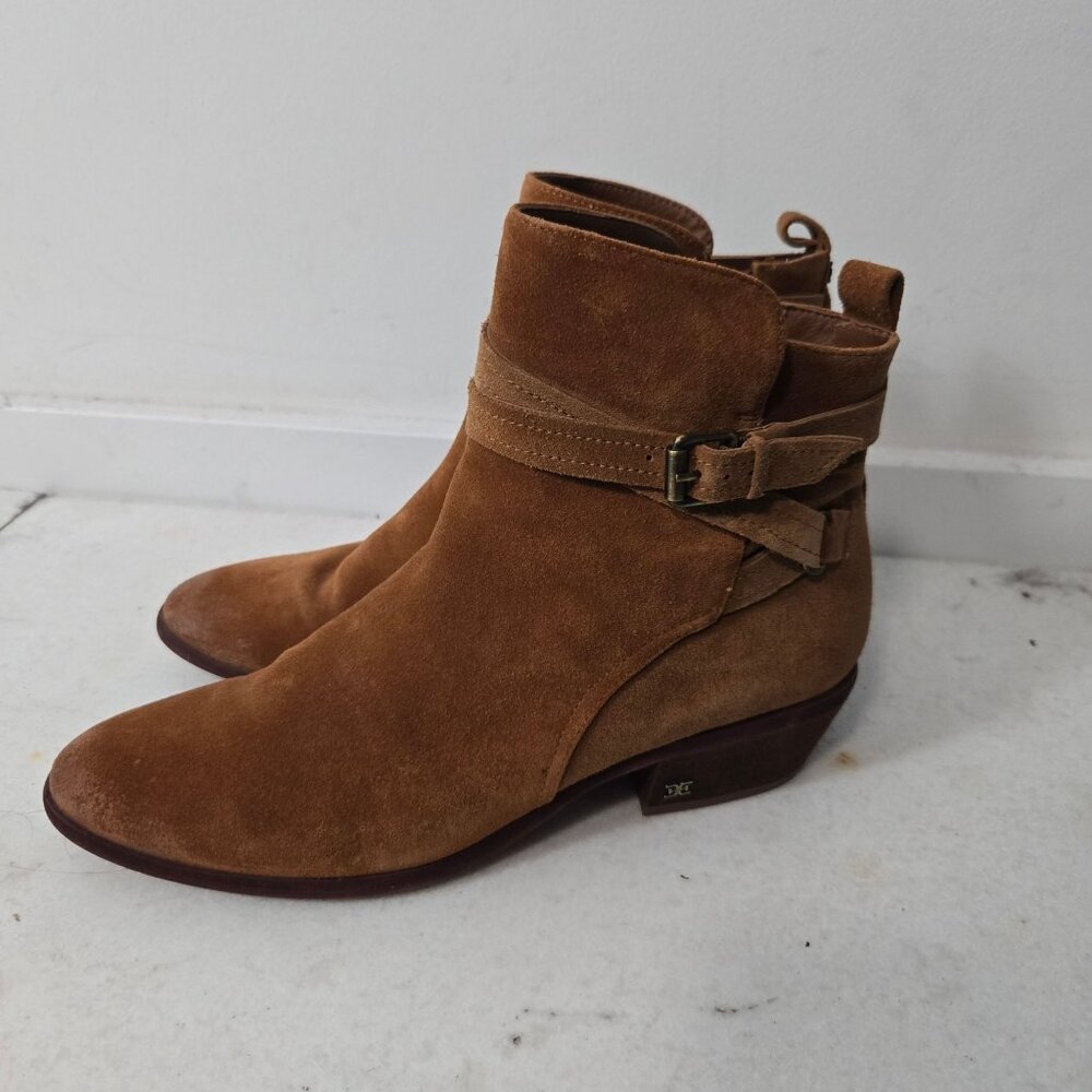 Sam Edelman Size 10 Polina Suede Luggage Brown Ankle Boots Almond Toe Side Zip